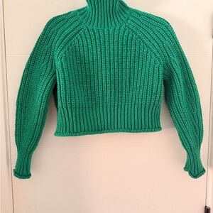 H&M Kelly Green Ribbed Knit Cropped Turtleneck Sweater